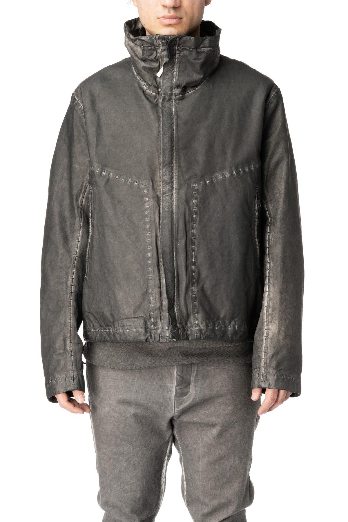 Membrane leather down bomber jacket, Plomb