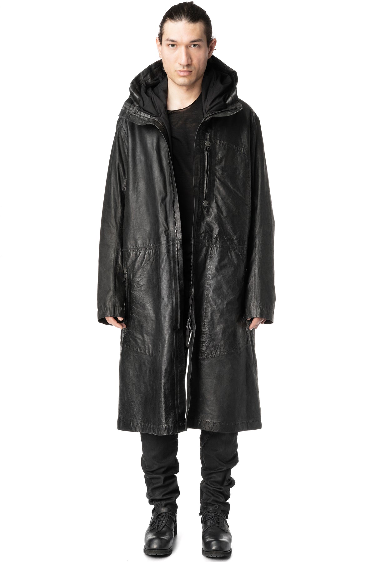 Long hooded membrane leather down parka, Black