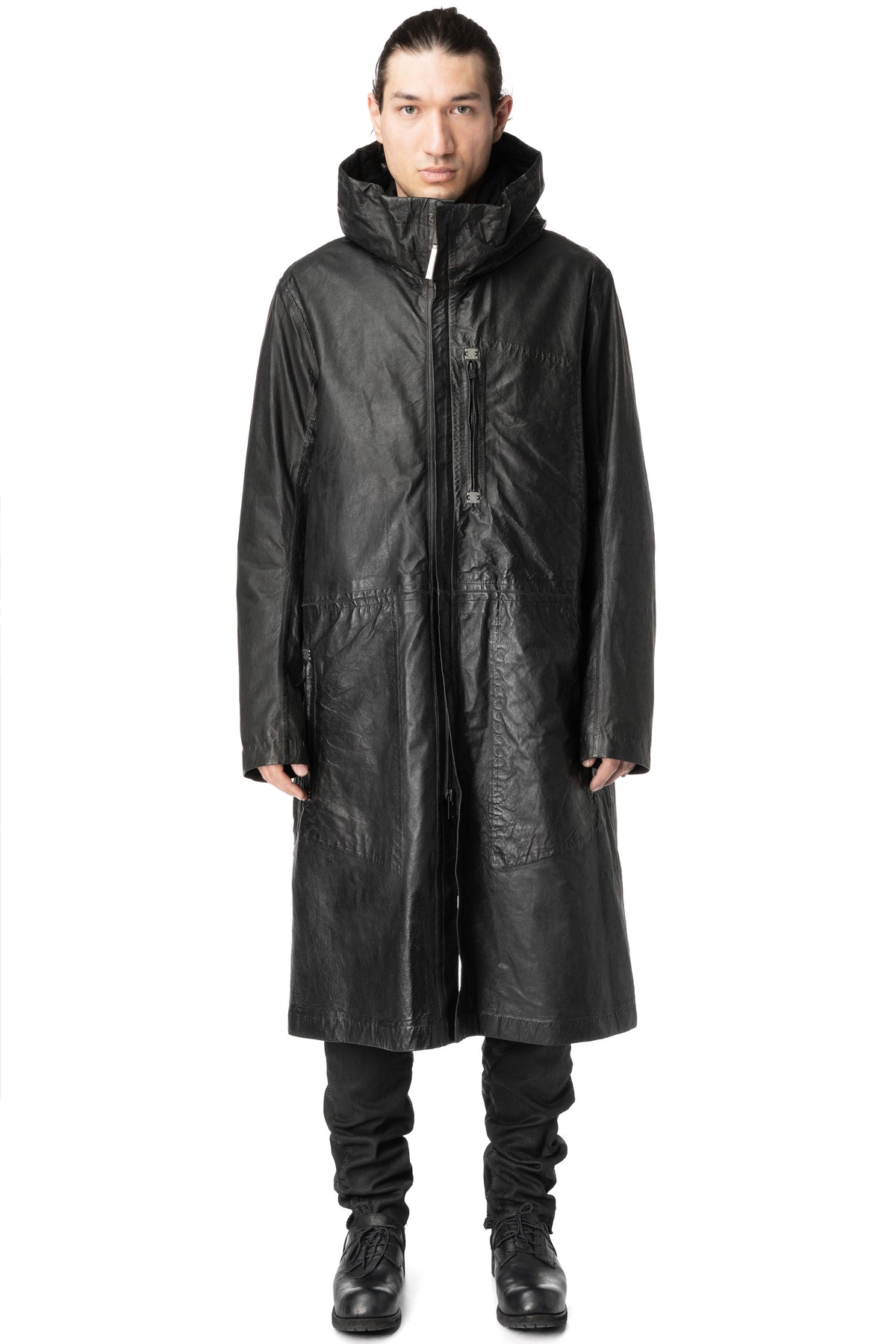 Long hooded membrane leather down parka, Black