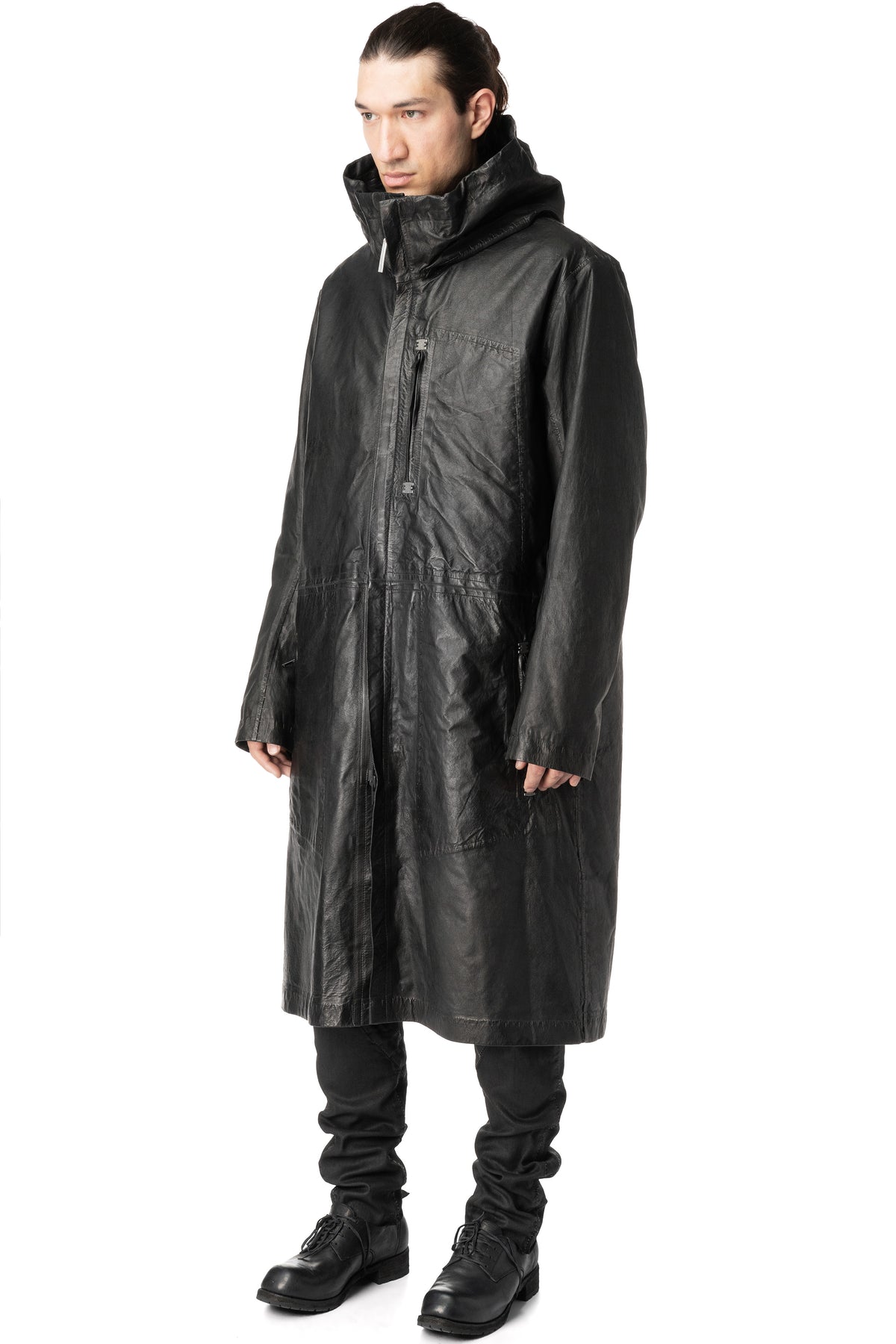 Long hooded membrane leather down parka, Black
