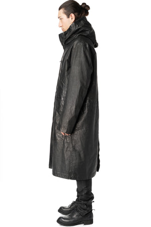 Long hooded membrane leather down parka, Black