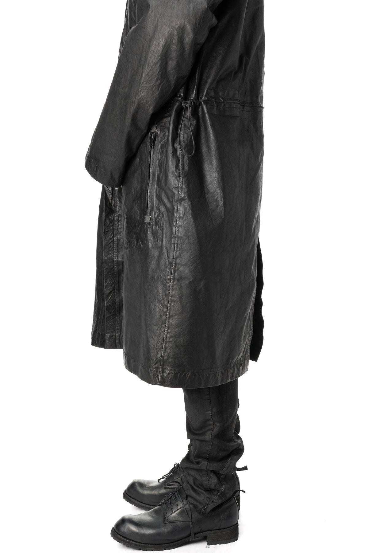 Long hooded membrane leather down parka, Black
