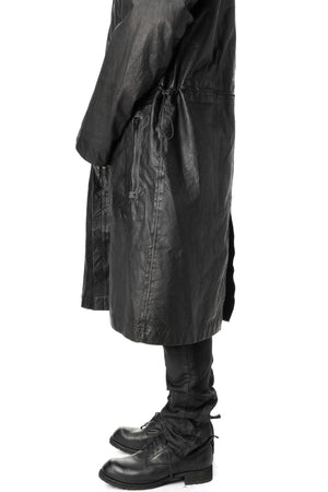 Long hooded membrane leather down parka, Black