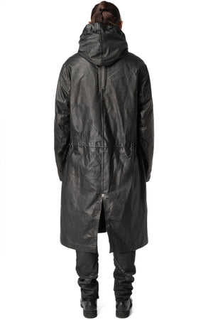 Long hooded membrane leather down parka, Black