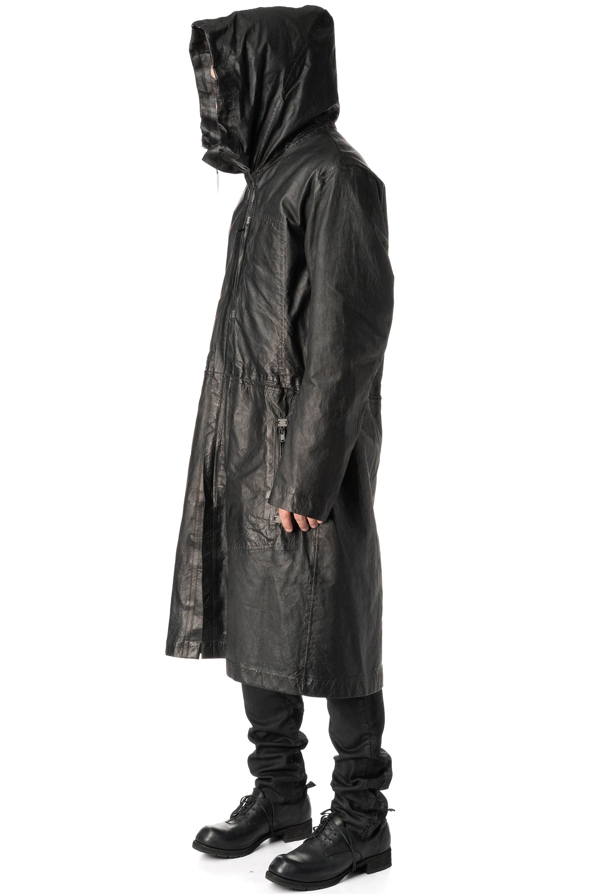 Long hooded membrane leather down parka, Black