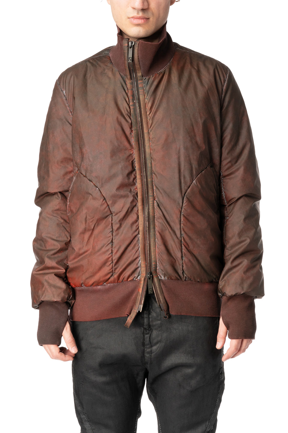Asymmetric reflective nylon bomber jacket, Dirty red