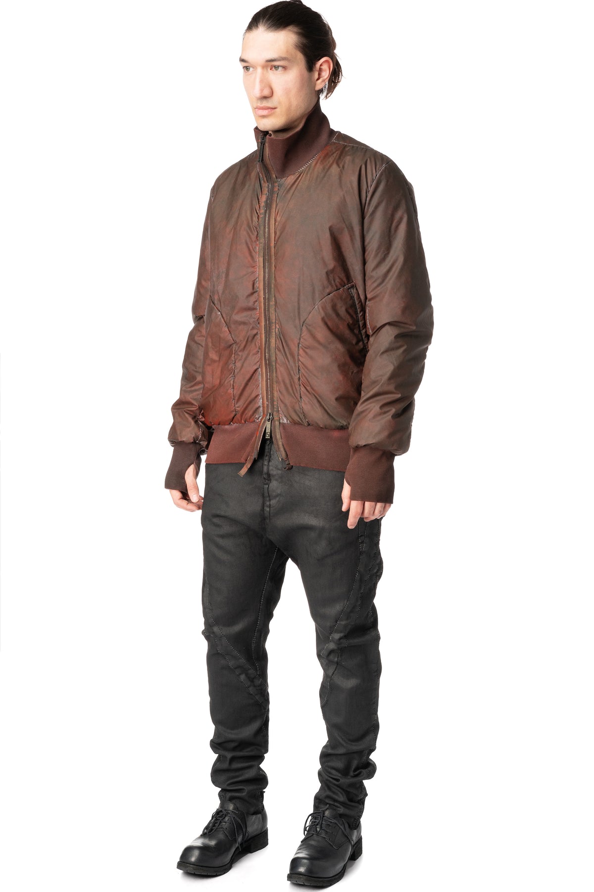 Asymmetric reflective nylon bomber jacket, Dirty red