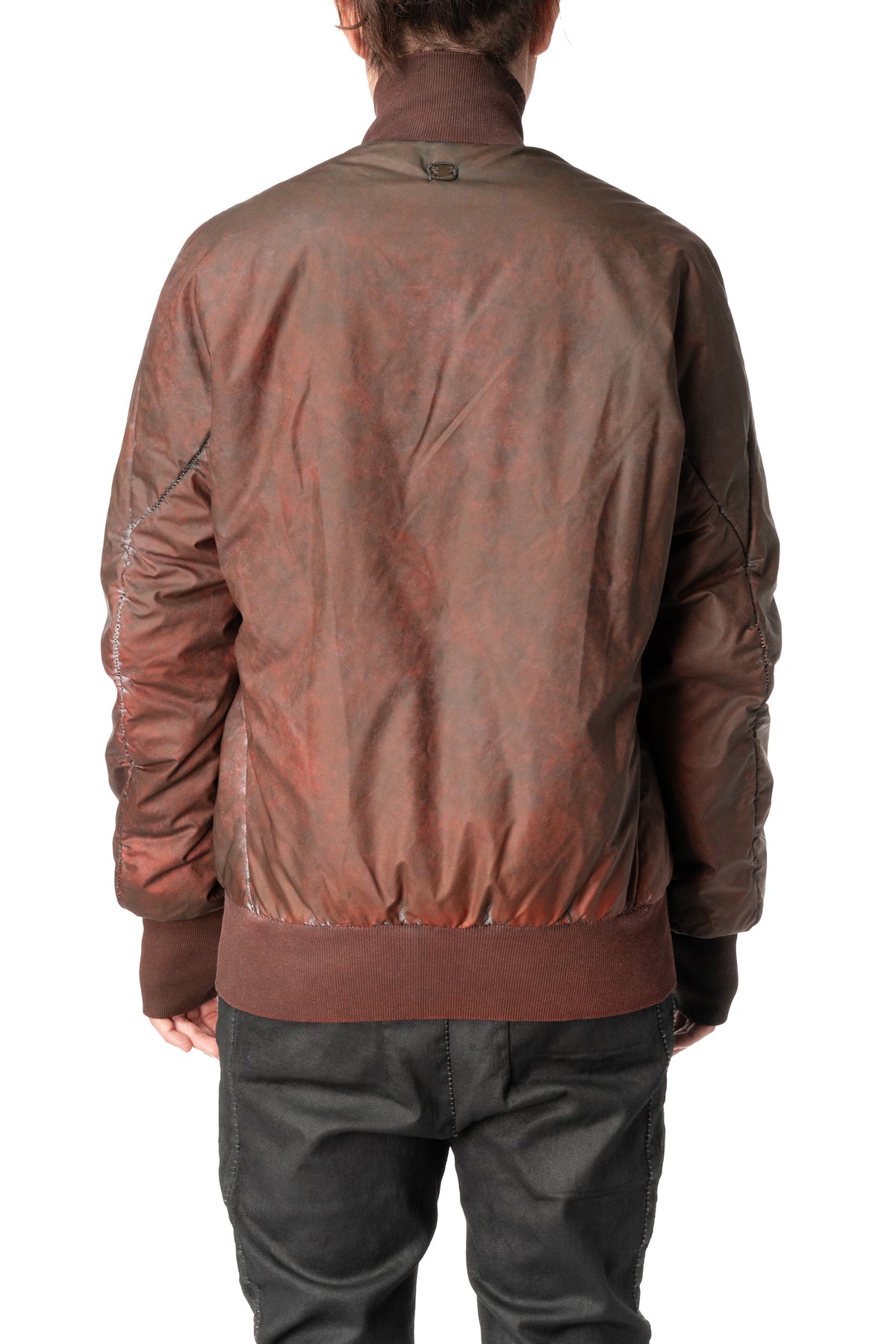 Asymmetric reflective nylon bomber jacket, Dirty red