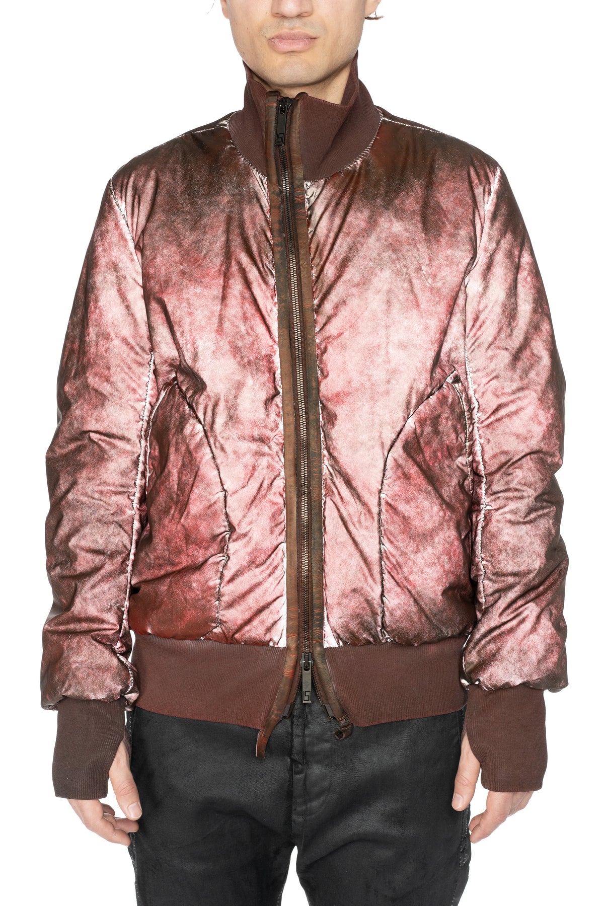 Asymmetric reflective nylon bomber jacket, Dirty red