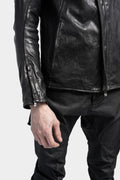 Collarless curved zip leather jacket