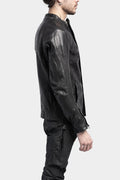 Collarless curved zip leather jacket