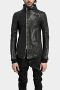 High neck off center zip calf leather jacket