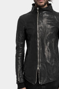 High neck off center zip calf leather jacket