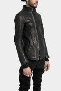 High neck off center zip calf leather jacket