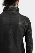 High neck off center zip calf leather jacket