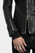 High neck off center zip calf leather jacket