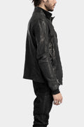 High neck off center zip calf leather jacket