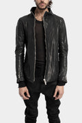 High neck off center zip calf leather jacket