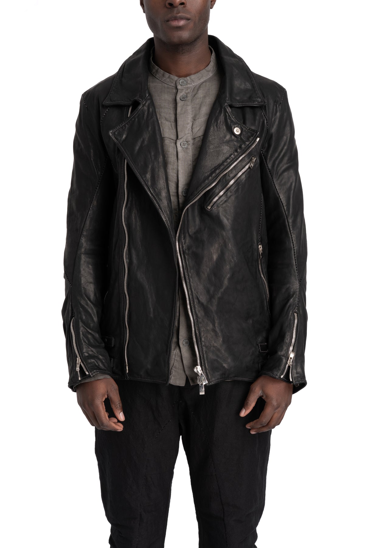 Incarnation | Scar stitch leather biker jacket, Deep black 11-41587S