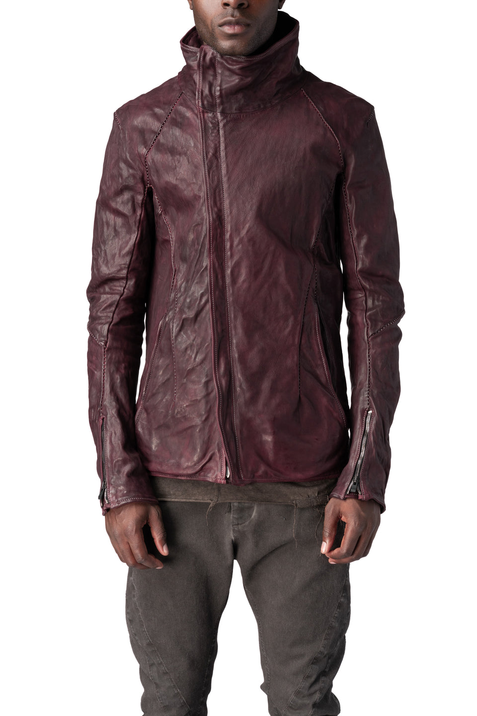 Horse leather high collar jacket, Burgundy