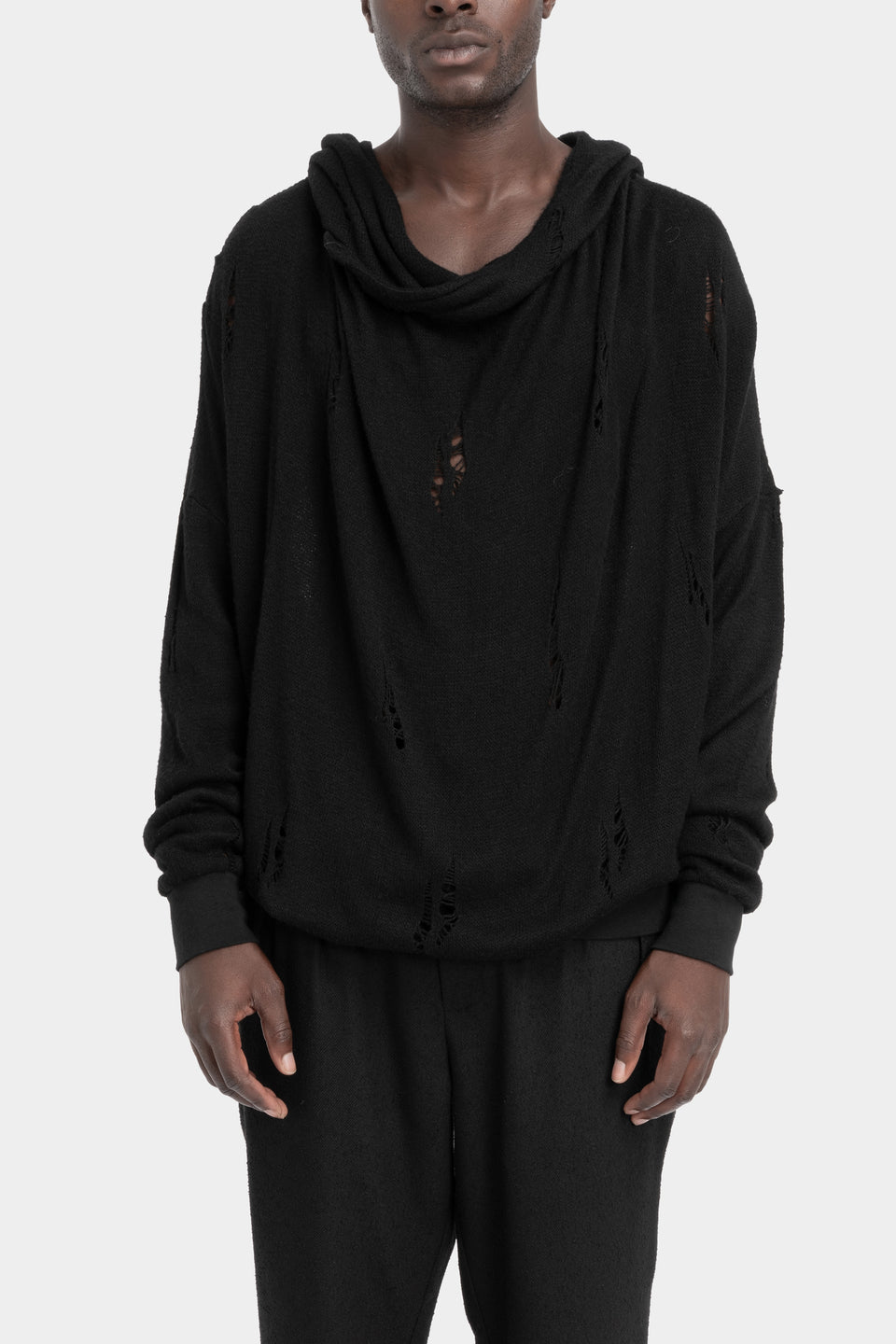 Draped hooded knit sweater